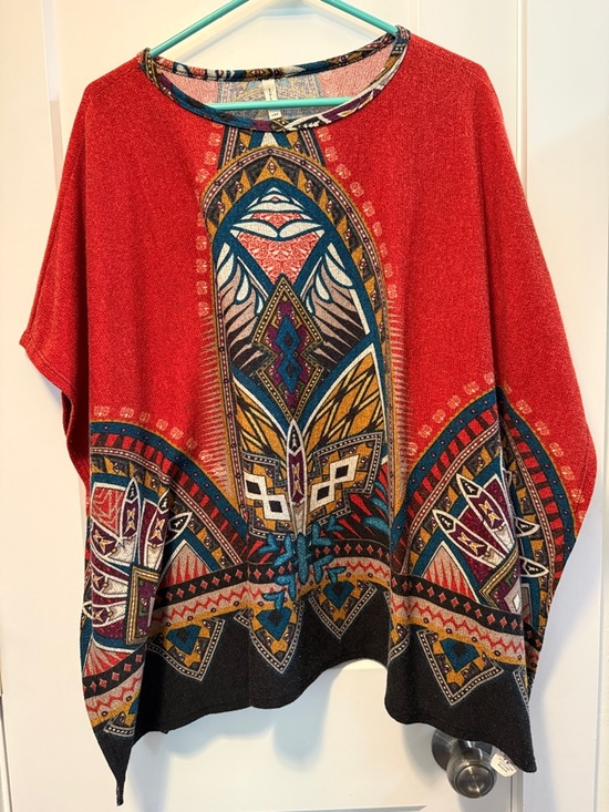 Tyche Tops - Tyche Women's Red Multicolor Bohemian Caftan Type Pullover size M